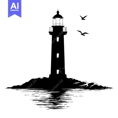 Aset premium populer: Silhouette of a lighthouse on a rocky island with seagulls flying over