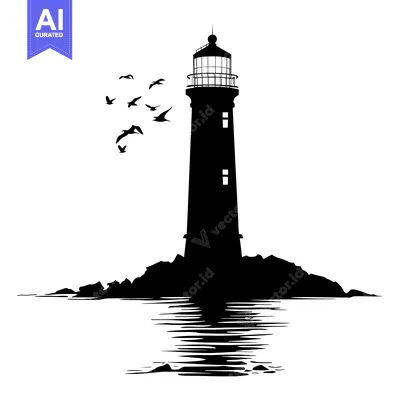 Premium design asset: Silhouette of a lighthouse on a rocky coast with birds flying overhead