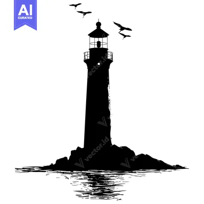Aset premium populer: Black and White Silhouette of a Lighthouse on a Rocky Island with Bird