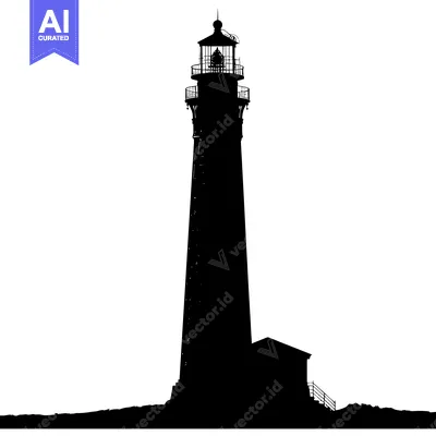 Aset desain premium: Black and White Silhouette of a Lighthouse on a Cliffside