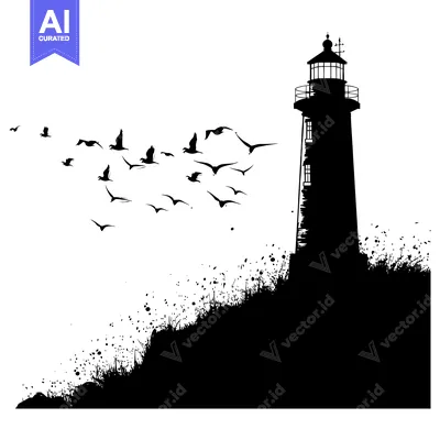 Premium design asset: Silhouette of a Lighthouse with Flying Birds on a Cliff