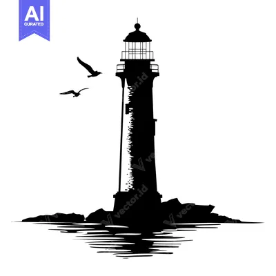 Aset premium populer: Black Silhouette of a Lighthouse on the Coast with Birds Flying Overhe