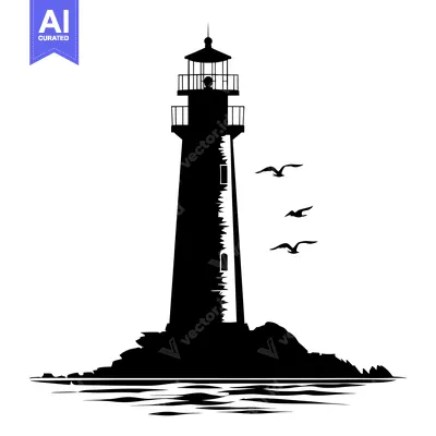 Premium design asset: A Black and White Silhouette of a Lighthouse on a Rocky Shore with Bir