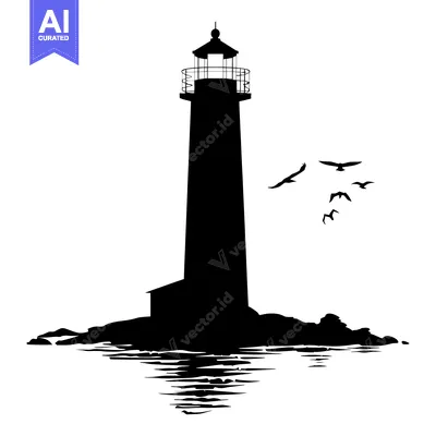 Aset desain premium: Silhouette of a Lighthouse on a Rocky Island with Birds Flying Overhea