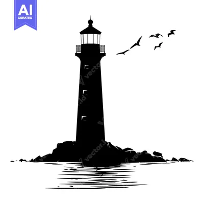 Aset desain premium: Silhouette of a lighthouse on a rocky island with birds flying overhea