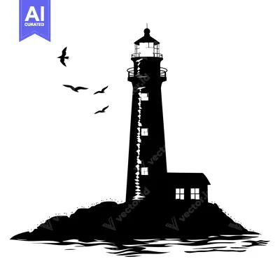 Premium design asset: Black and White Silhouette of a Lighthouse on a Rocky Island with Bird