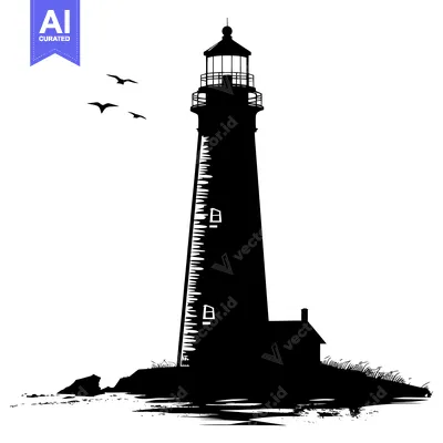 Aset desain premium: Silhouette of a lighthouse on a rocky coast with birds flying overhead