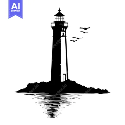 Silhouette of a Lighthouse on an Island with Seagulls Flying Overhead
