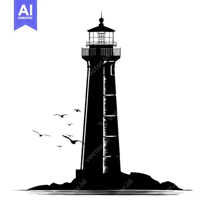 Popular premium asset: Black and white silhouette of a lighthouse on a rocky shore with birds