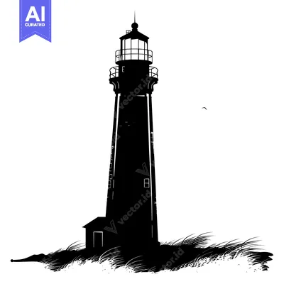 Aset desain premium: Silhouette of a Tall Lighthouse with a Small Building and Grass in the