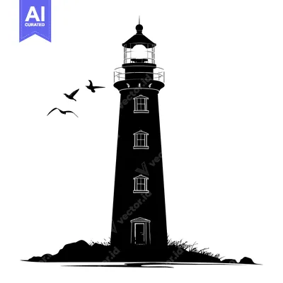 Silhouette of a lighthouse with birds flying overhead