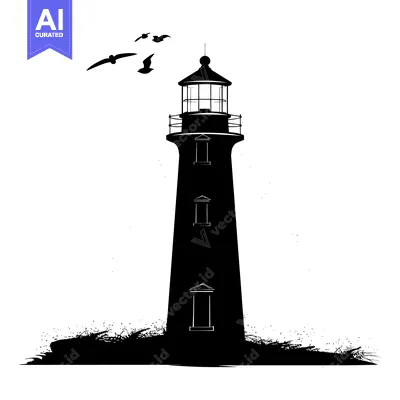 Silhouette of a lighthouse with birds flying overhead