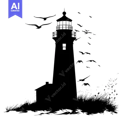 Aset desain premium: Silhouette of a Lighthouse with Birds Flying Around It