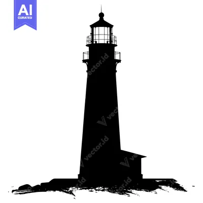 Premium design asset: Black and White Silhouette of a Tall Lighthouse on a Rocky Shore