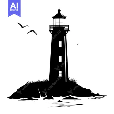 Popular premium asset: Silhouette of a Lighthouse on a Rocky Island with Birds Flying Overhea