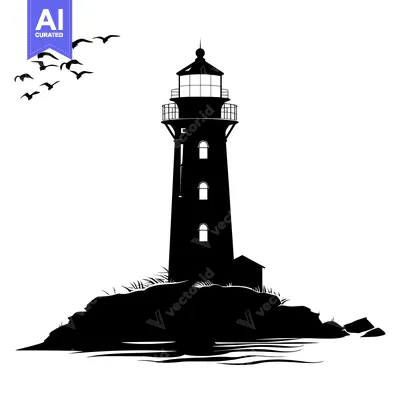Black and white silhouette of a lighthouse on a rocky island with bird
