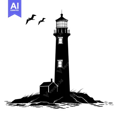 Aset desain premium: Silhouette of a Lighthouse on a Rocky Island with Birds Flying Overhea