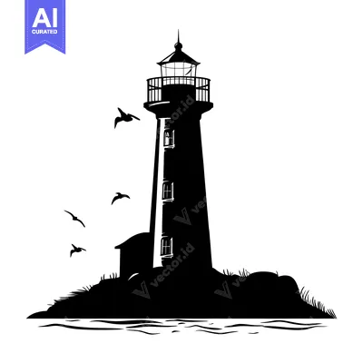Silhouette of a Lighthouse on a Rocky Island with Birds Flying Nearby