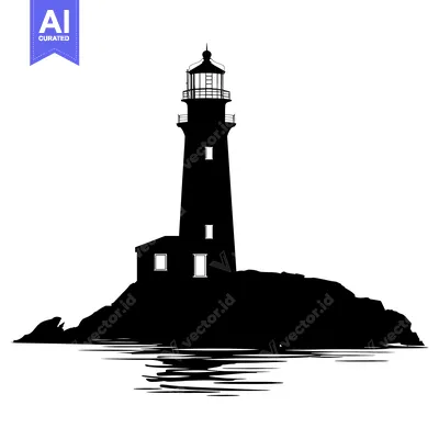 Premium design asset: Silhouette of a Lighthouse on a Rocky Outcropping with Water Reflectio