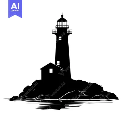 Aset desain premium: Silhouette of a lighthouse on a rocky island with water in the foregro