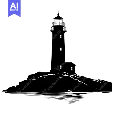 Aset desain premium: Black and White Silhouette of a Lighthouse on a Rocky Outcropping