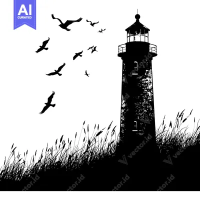 Aset desain premium: Silhouette of a Lighthouse with Birds Flying Over Grass