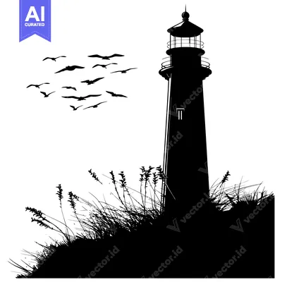 Premium design asset: Silhouette of a Lighthouse with Birds Flying Overhead and Grass in the