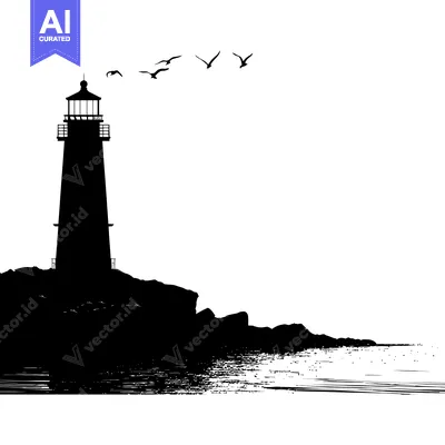 Aset premium populer: A Silhouette of a Lighthouse on a Rocky Coastline with Birds Flying Ov