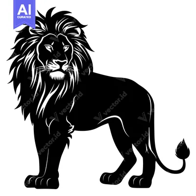 Aset premium populer: A black and white silhouette of a standing lion with a thick mane