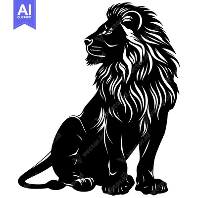 Aset desain premium: Black and White Silhouette of a Sitting Lion