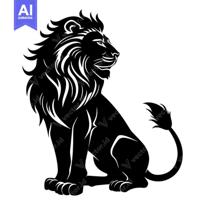 Aset premium populer: Black and White Silhouette of a Lion Sitting with its Tail Curved