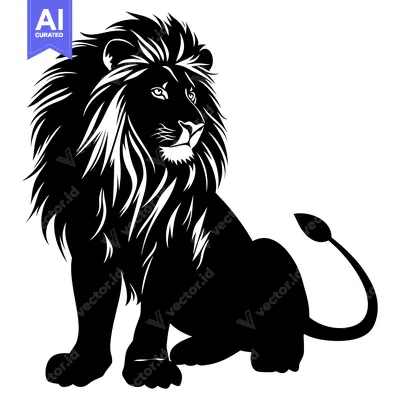 Aset premium populer: A Black and White Silhouette of a Lion Sitting and Looking to the Side