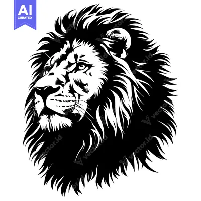 Aset desain premium: Black and White Illustration of a Lion's Head in Profile