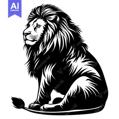 Aset premium populer: A Black and White Illustration of a Sitting Lion with a Large Mane