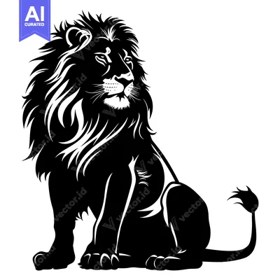 Aset premium populer: A black and white silhouette of a lion sitting with its head turned.