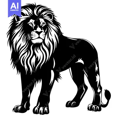 Premium design asset: Black and White Silhouette of a Standing Lion with a Majestic Mane