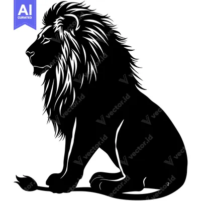 Aset desain premium: Black and White Silhouette of a Sitting Lion