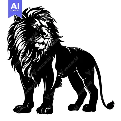 Aset desain premium: A Black and White Silhouette of a Lion Standing with its Head Tilted U