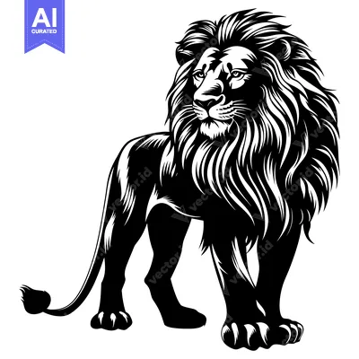 Aset desain premium: Black and White Illustration of a Standing Lion