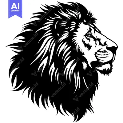 Black and White Illustration of a Lion's Head in Profile