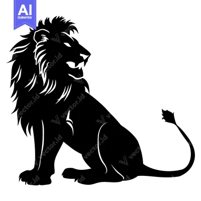 Aset desain premium: A Black and White Silhouette of a Lion Sitting with its Head Turned to