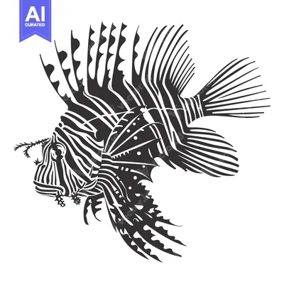 Premium design asset: Black and White Line Art Illustration of a Lionfish