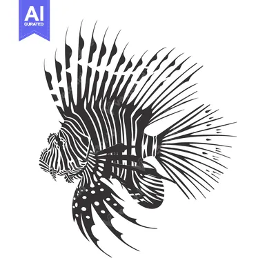 Aset desain premium: Black and White Illustration of a Lionfish with Spiky Fins
