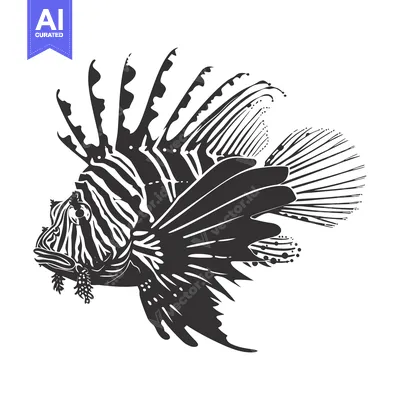 Aset desain premium: Black and White Illustration of a Lionfish with Extended Fins