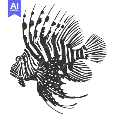 Aset desain premium: Black and White Illustration of a Lionfish with Spines and Stripes