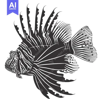 Aset desain premium: Black and White Silhouette of a Lionfish with Spines