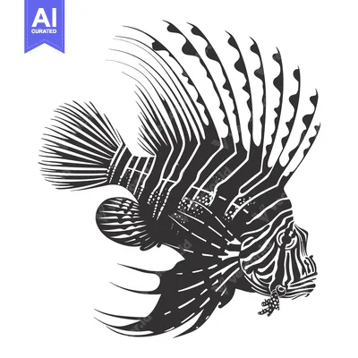 Premium design asset: Black and White Illustration of a Lionfish with Extended Fins