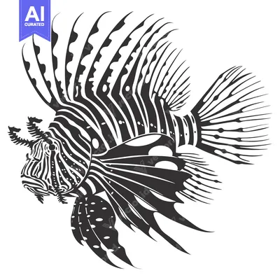 Aset desain premium: A Black and White Illustration of a Lionfish with Fanned Fins