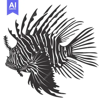 Aset desain premium: Black and White Illustration of a Lionfish with Extended Fins