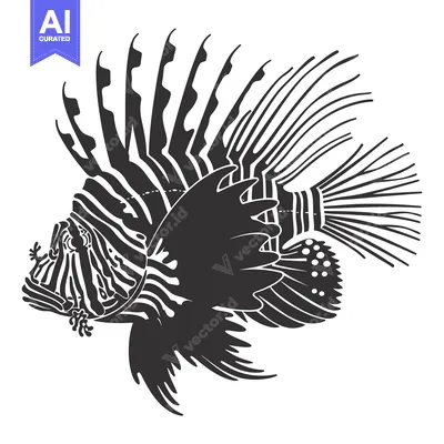 Aset desain premium: Black and White Silhouette of a Lionfish with Striped Fins